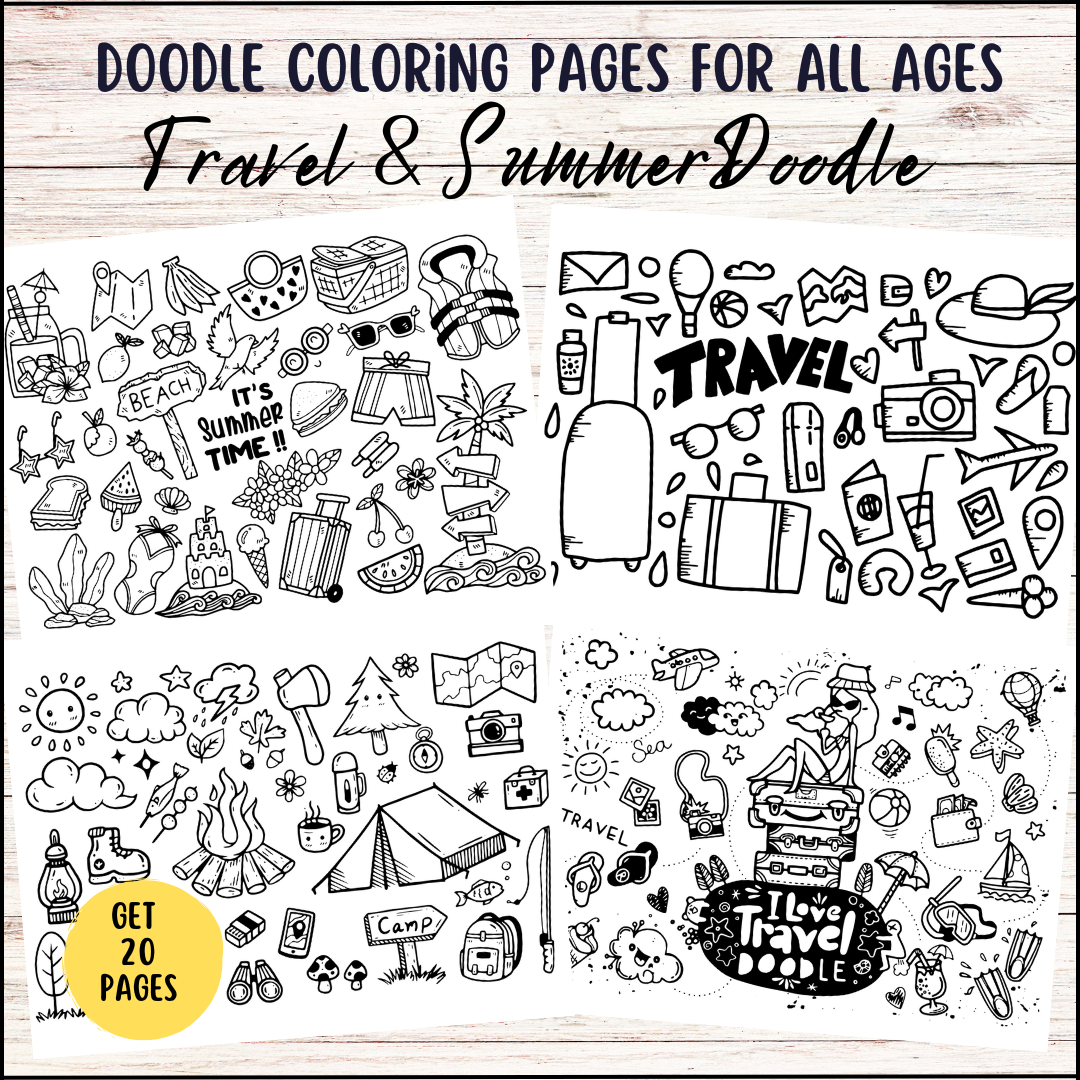 Summertravelholiday vacation doodle coloring pages clipart