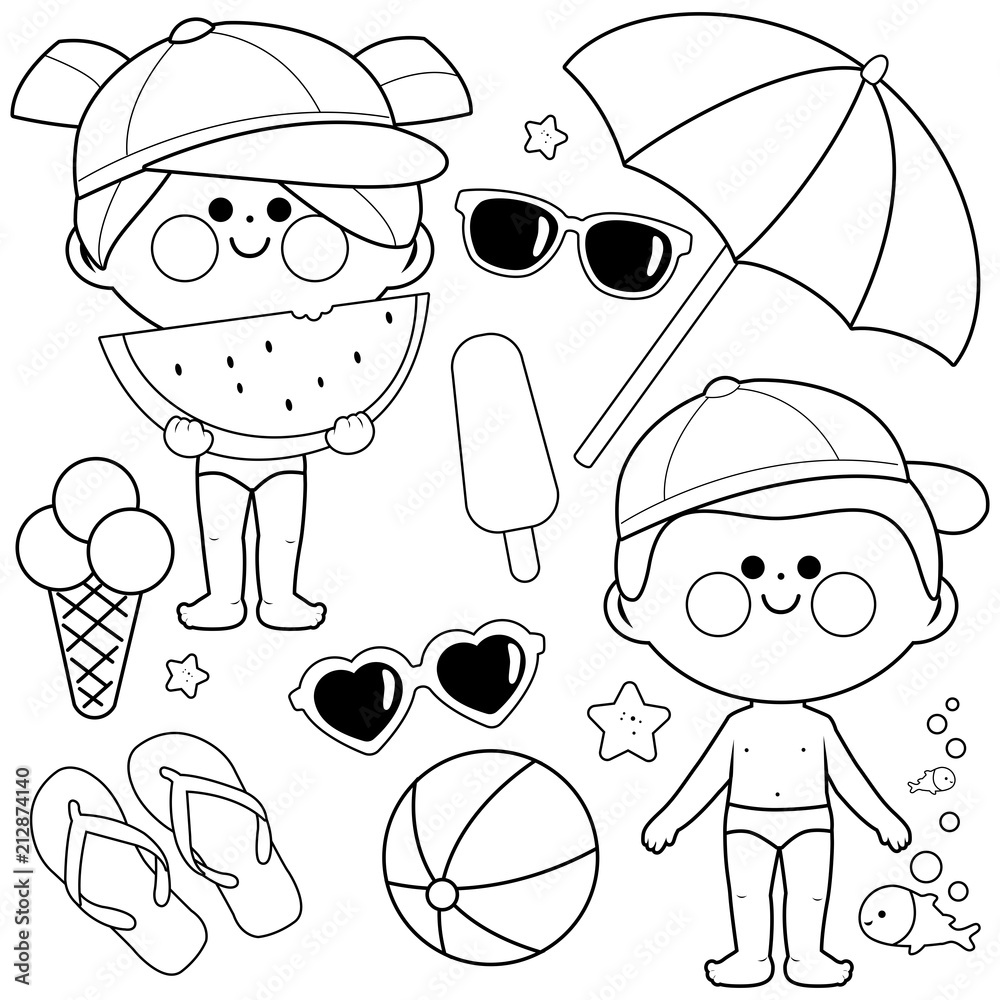 Children at the beach set summer vacation collection vector black and white coloring page vector