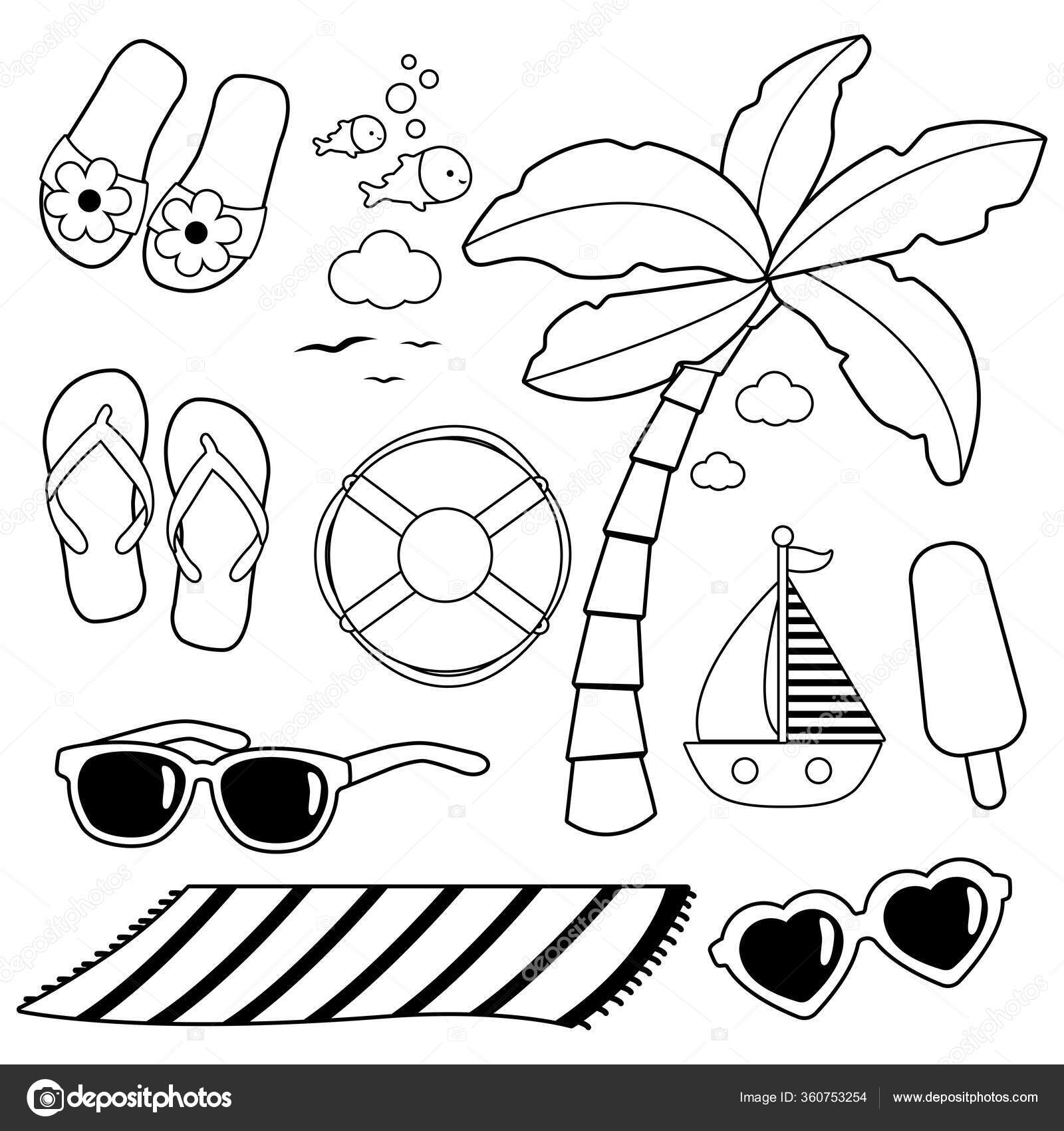 Beach summer vacation design elements vector black white coloring page stock vector by stockakia