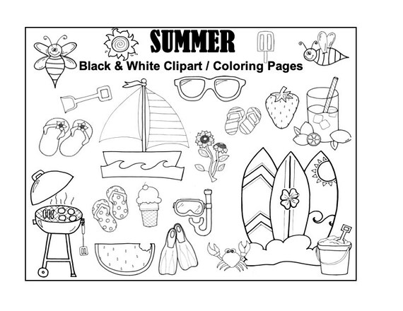 Summer coloring pages black white clipart digital download png files