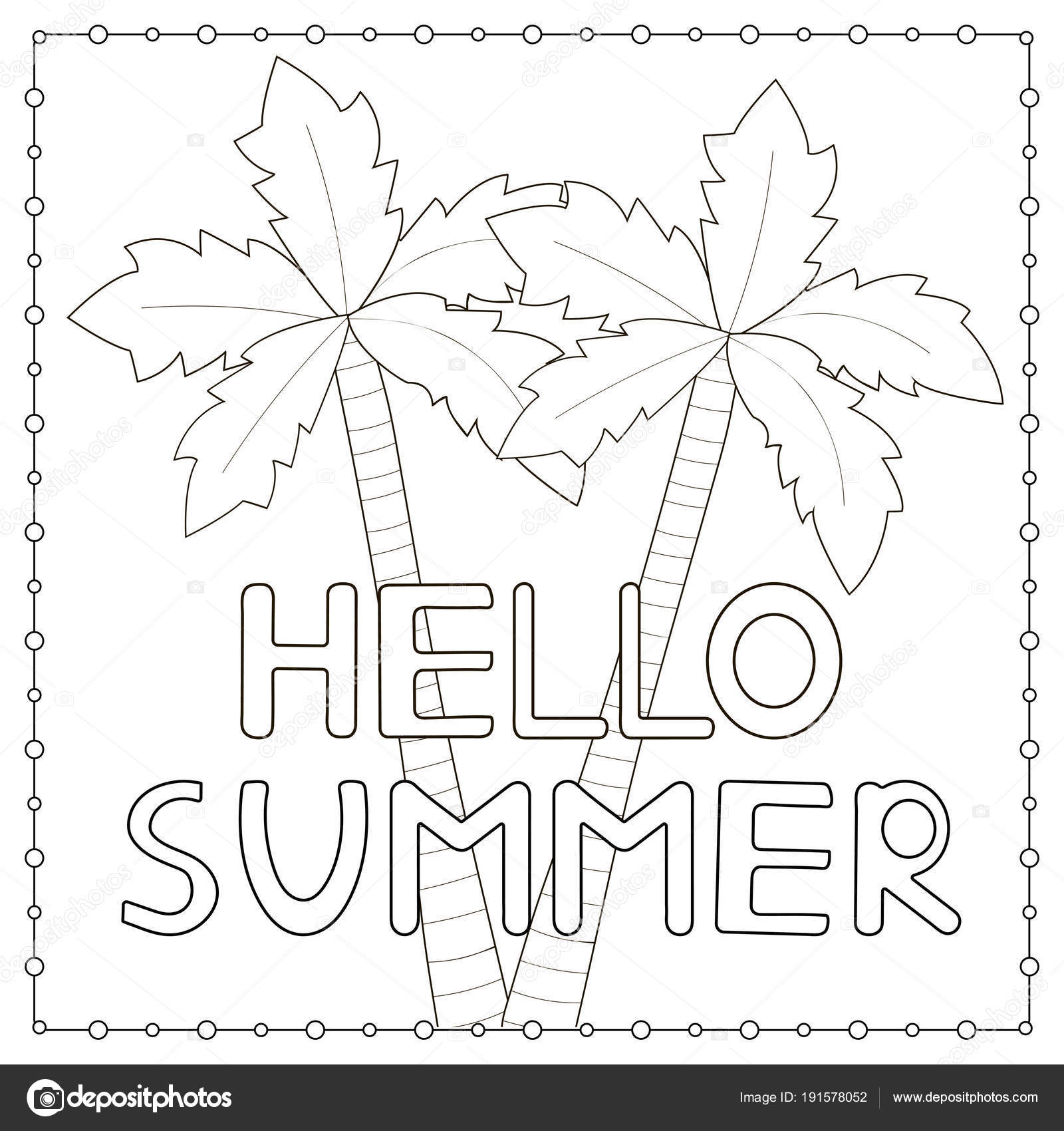 Coloring page with hand drawn text hello summer and palm trees stock vector by yasyazagoruiko