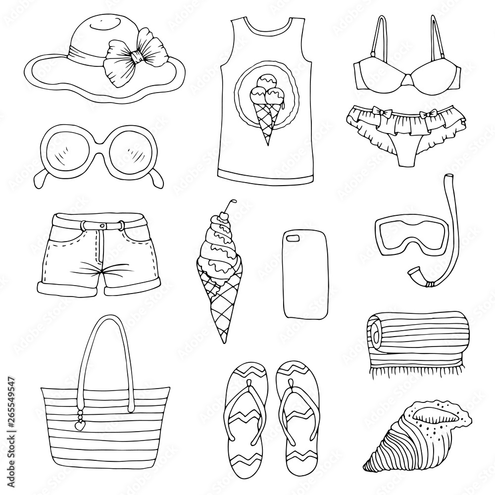Vector hand drawn set icons signs summer fashion beachwear and accessories collection summer elements for summer holiday and party set collection for design coloring page isolated on white back vector