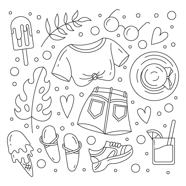 Premium vector a set of elements summer and vacation summer clothes tropical and exotic plants