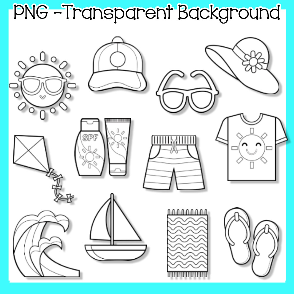 Summertime black and white png clip art set made by teachers
