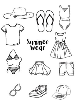 Black and white summer wear seasons coloring activity worksheet
