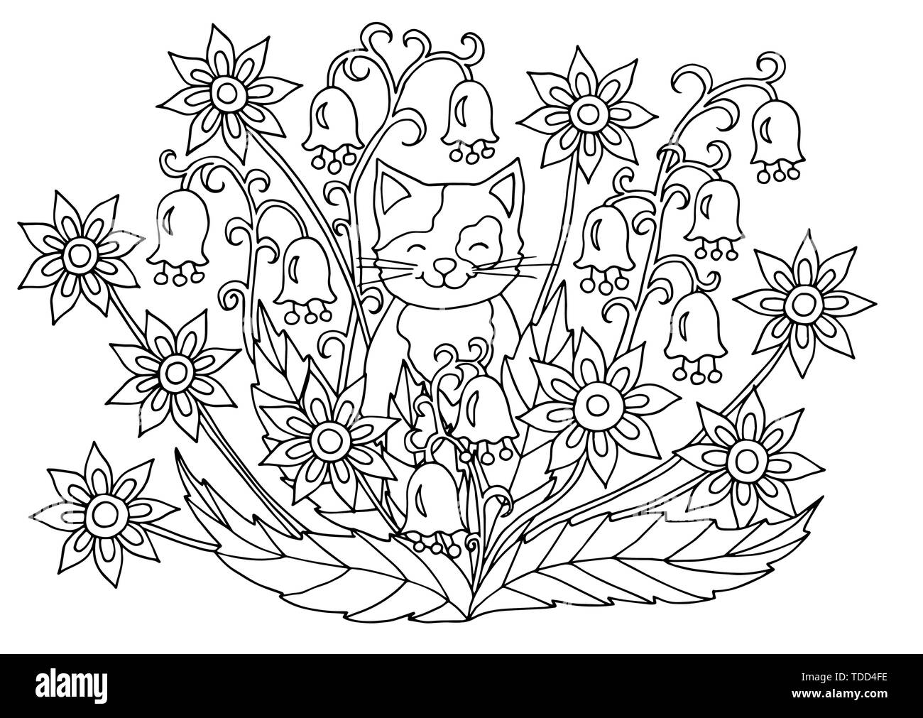 Cute abstract coloring page with summer flowers and cat for kids and adults stock vector image art