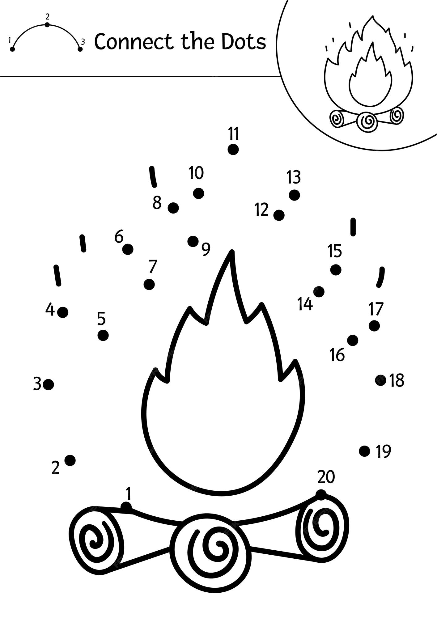 Premium vector vector camping dottodot and color activity with cute fire on logs summer camp connect the dots game for children funny adorable road trip coloring page for kids xa