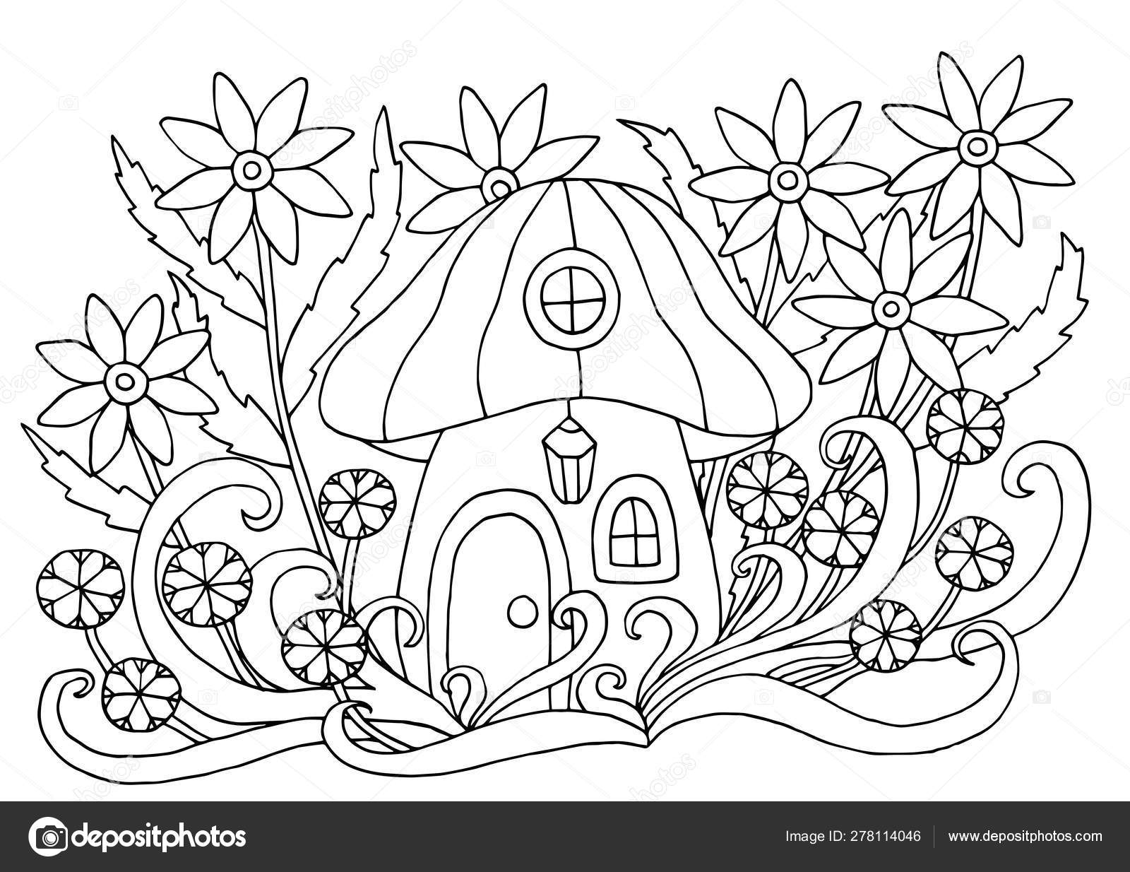 Coloring book page with a mushroom house in flowers stock vector by elvirkindomyandexru