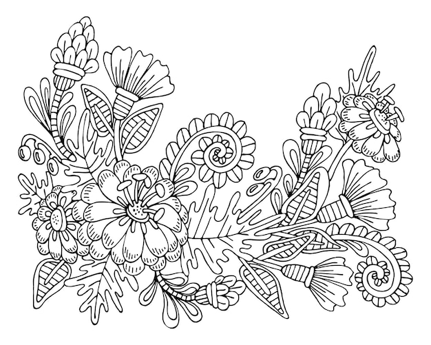 Premium vector coloring page bouquet of flowers thin line art floral pattern of garden plants hand drawn vector illustration simple doodle summer coloring book for children and adults