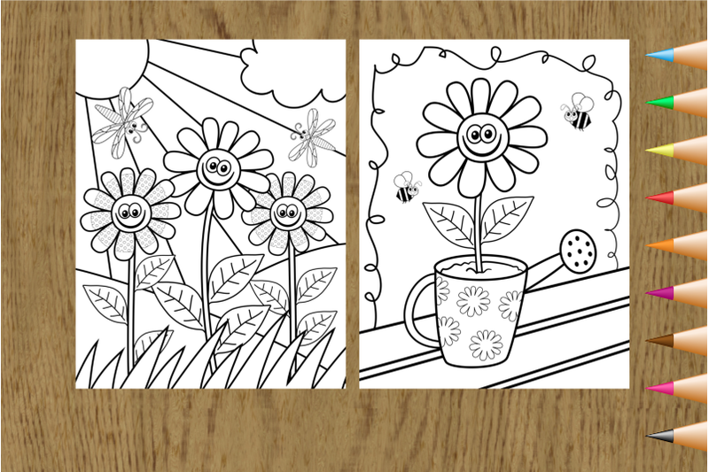 Happy flowers kids coloring pages