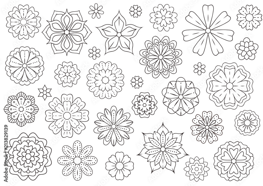Outline doodle flowers for adult coloring book beautiful floral background for color artwork monochrome zentangle backdrop summer flower drawing colouring line illustration vector