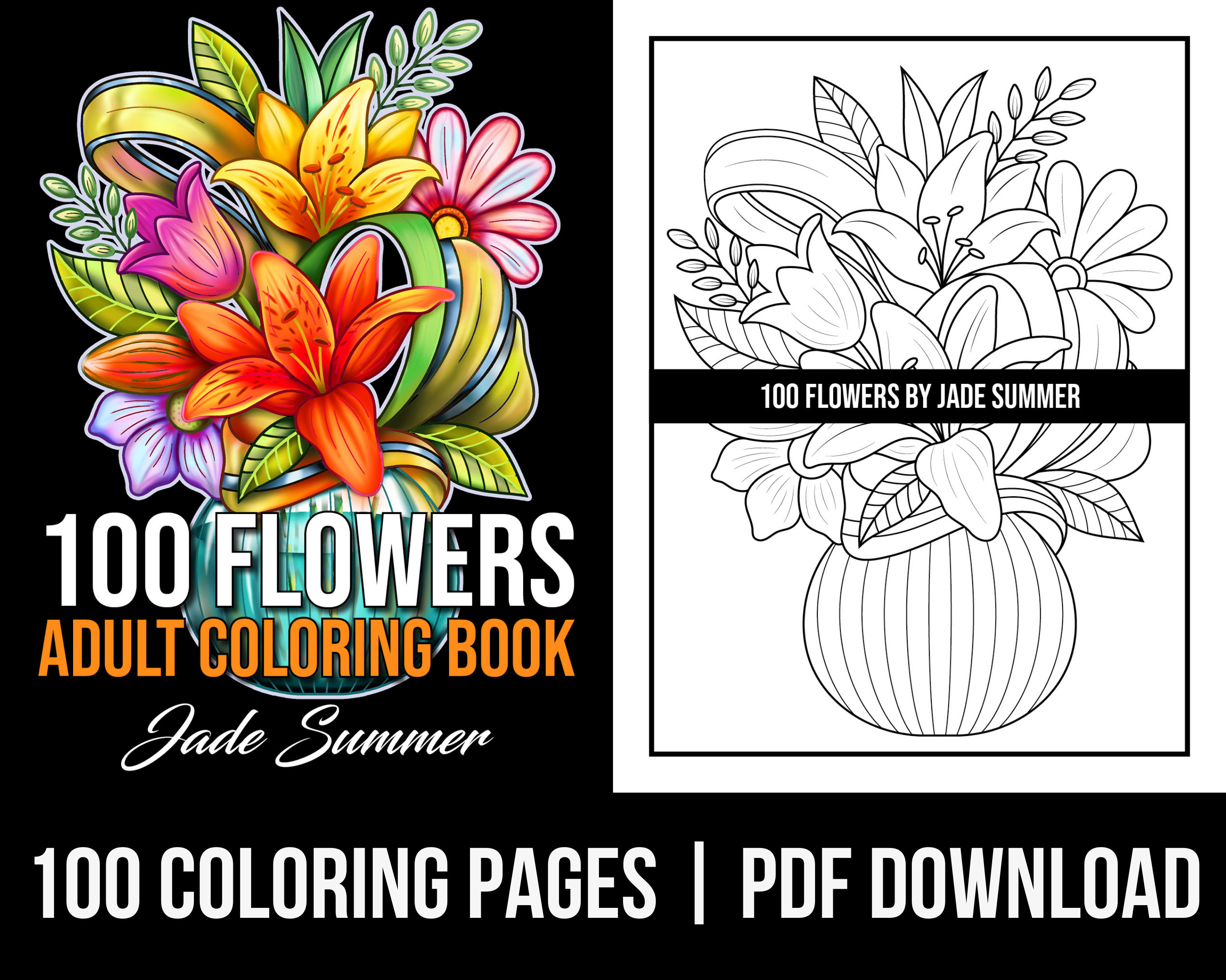 Flower coloring pages flowers adult coloring book by jade summer digital coloring pages printable pdf download