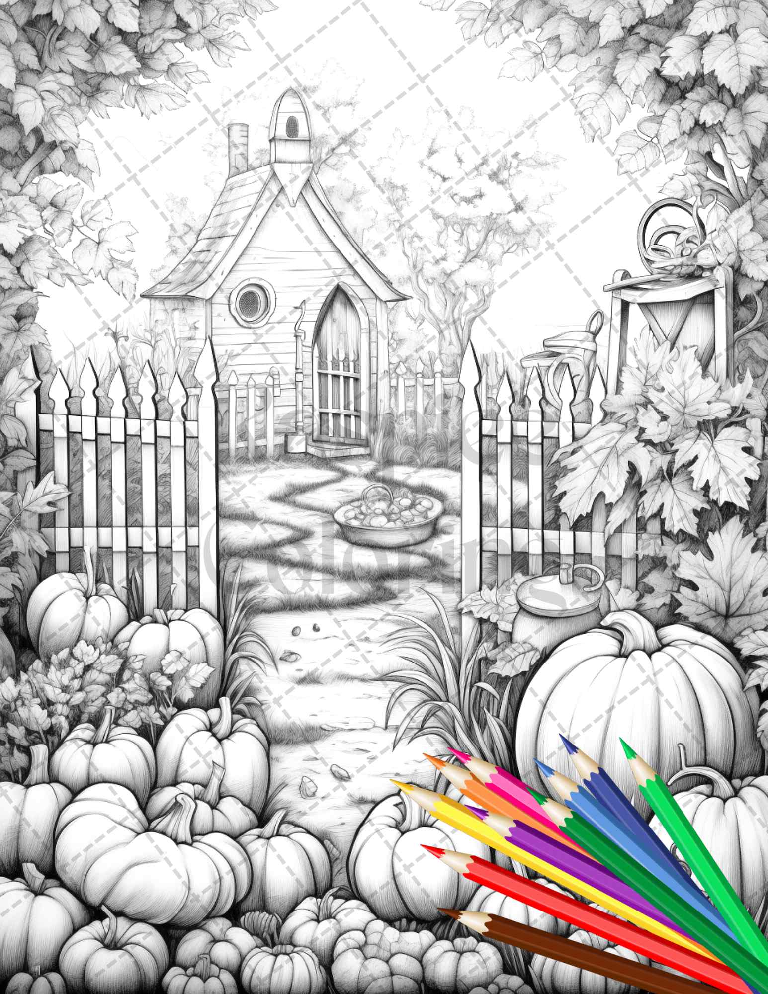 Pumpkin garden scenery grayscale coloring pages printable for adults â coloring