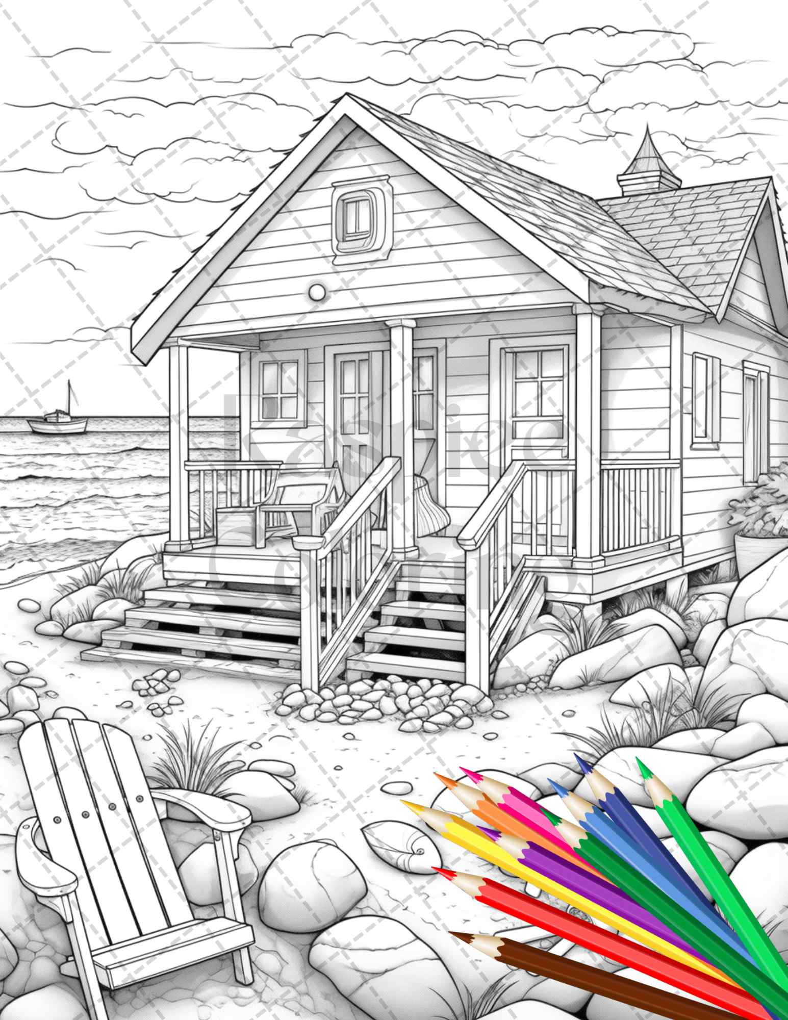 Wooden beach houses grayscale coloring pages printable for adults â coloring