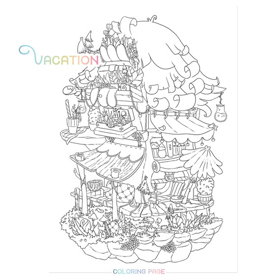 Staycation spring coloring page stay home summer adult coloring page garden fruits kawaii doodle digital download pdf printable by jen katz