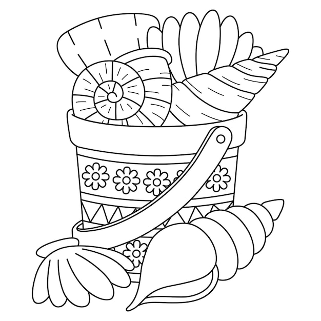 Premium vector a cute and funny coloring page of a bucket of seashells summer provides hours of coloring fun for children color this page is very easy suitable for little kids