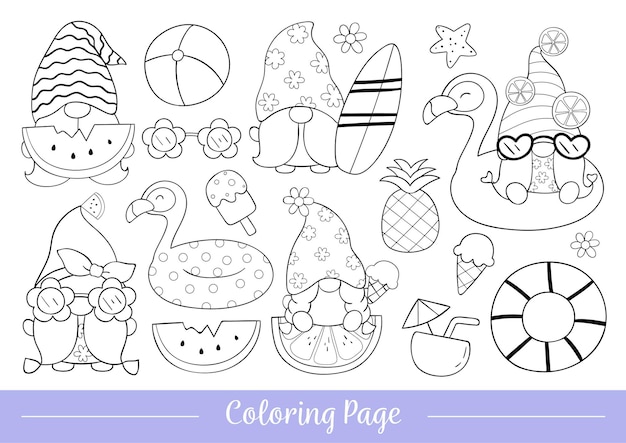 Premium vector draw coloring page of gnome for summer