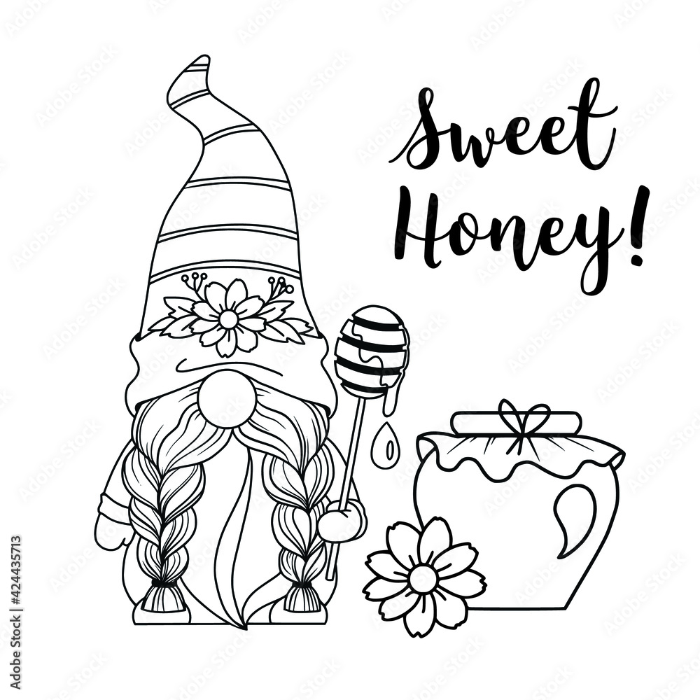 Gnome bee with honey gnome with honey dipper hello spring hello summer honey jar sweet honey cartoon characters gnomes vector illustration linear art for printing greeting cards and coloring book vector