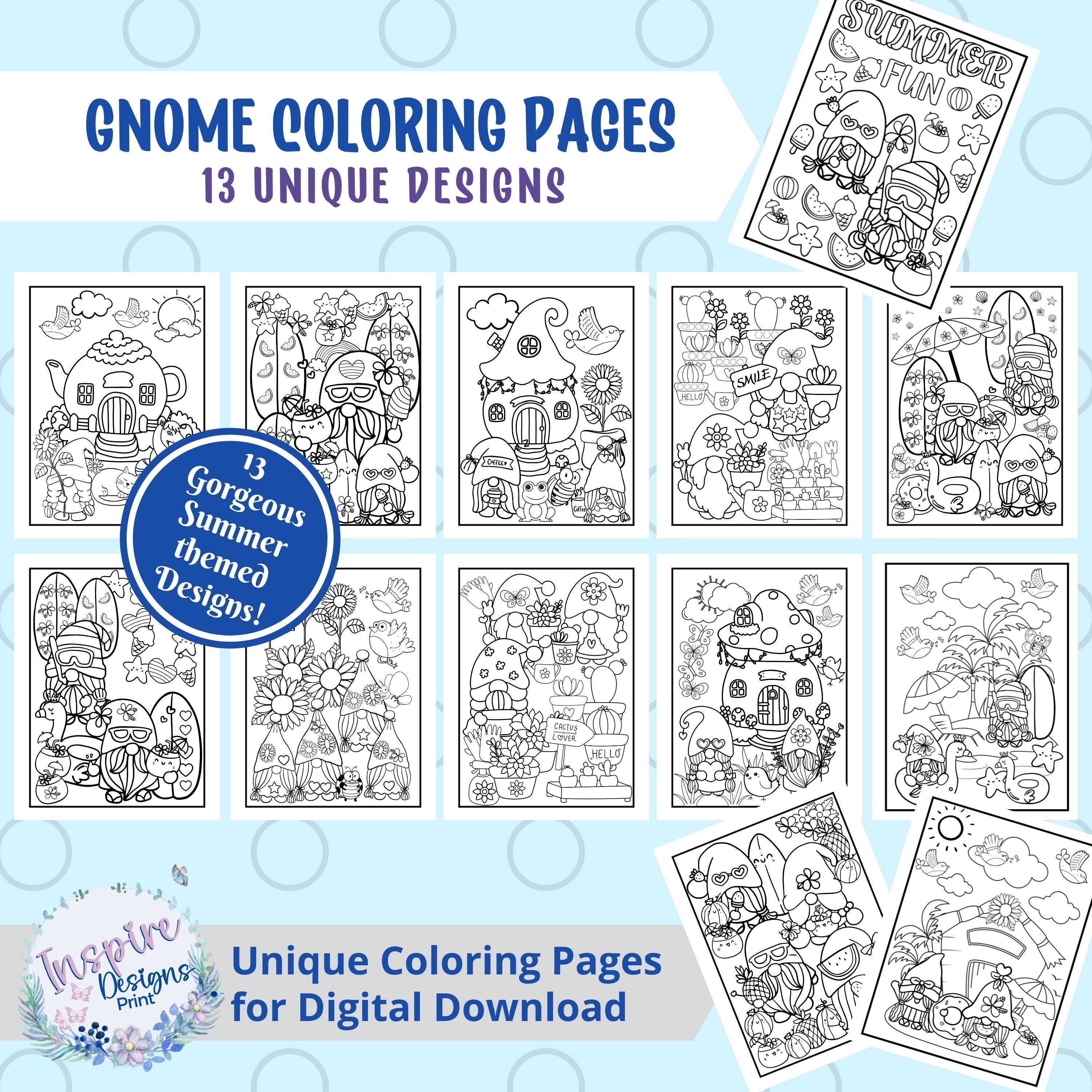Gnome summer coloring pages printable original activity pages for adults children cute summer themed beach sunny unique designs