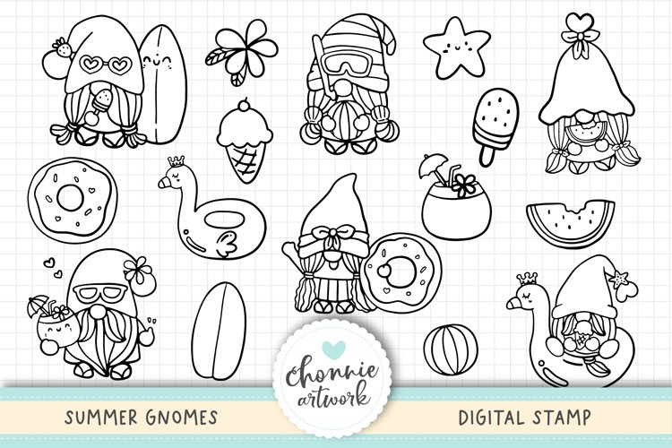 Summer gnomes digital stamps coloring page