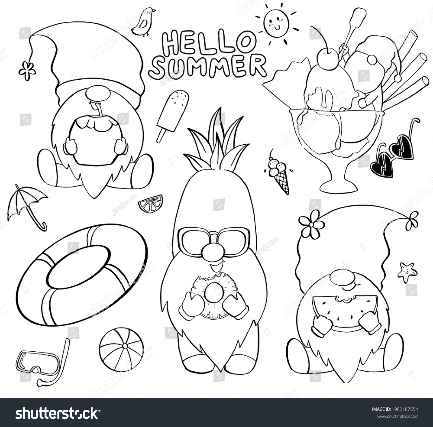 Summer gnome doodle coloring book children stock illustration