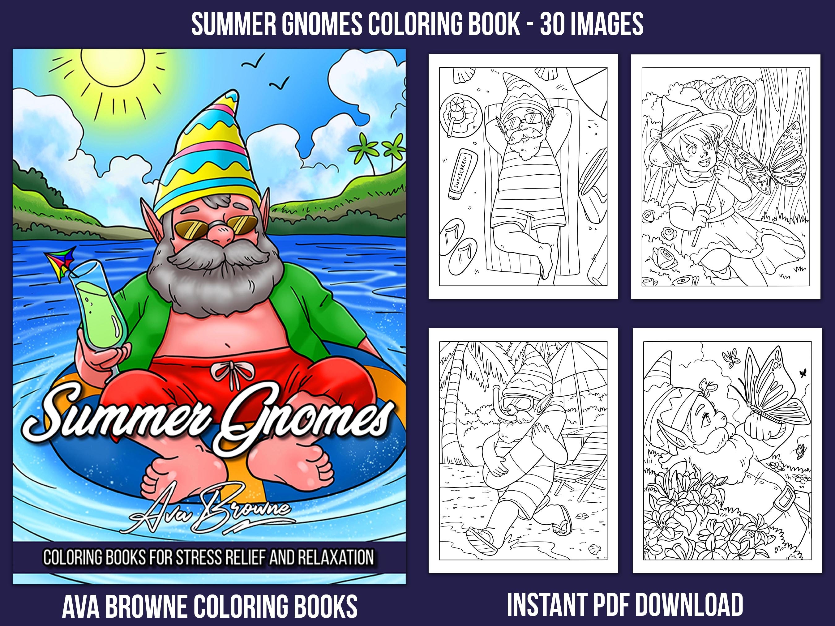 Ava browne coloring books page digital summer gnomes coloring book adult coloring book gift for women teens and girls pdf download