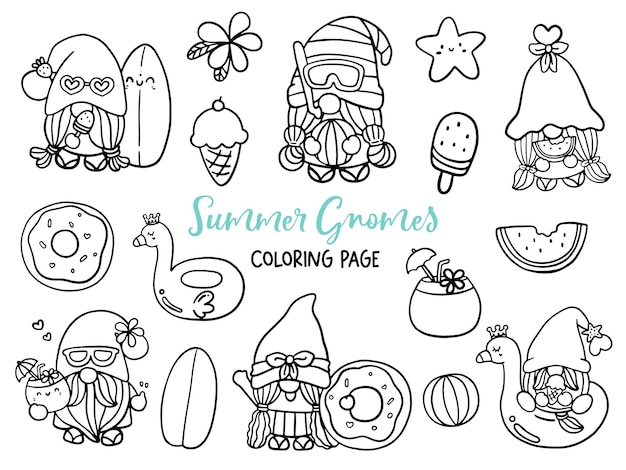 Premium vector summer gnomes doodle summer gnome coloring page