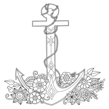 Coloring page with anchor in flowers vector
