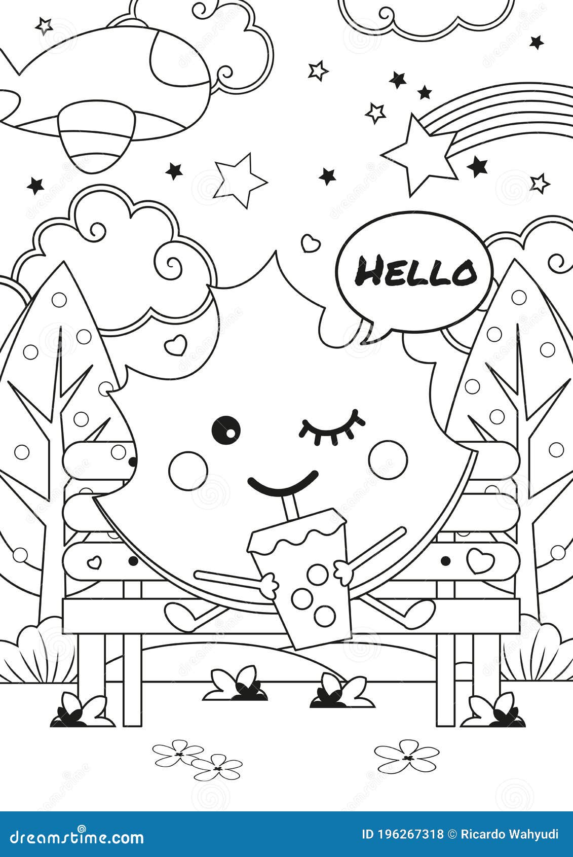 Coloring page with cute kawaii autumn leaf stock vector