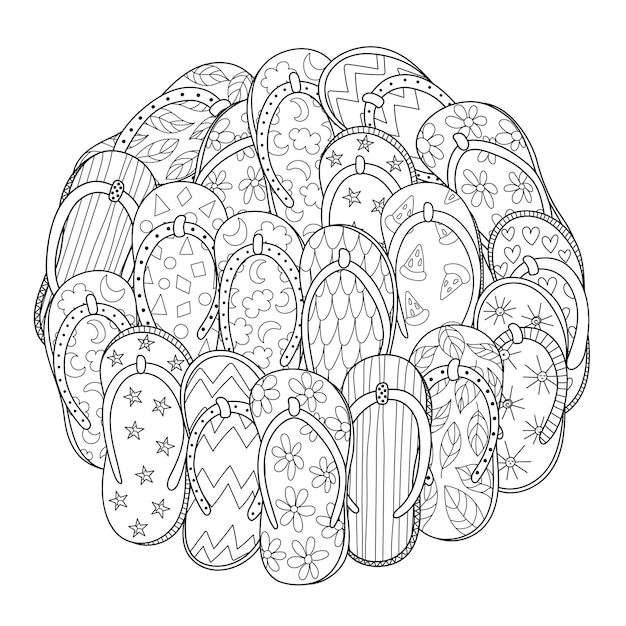 Premium vector doodle flip flops circle shape coloring page summer slippers mandala for coloring book