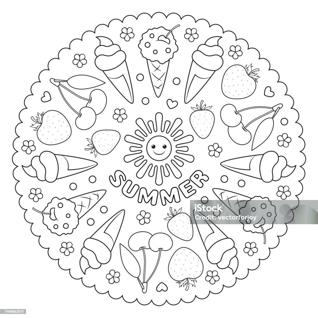 Coloring page mandala for kids with summer fruit berries and ice cream vector illustration stock illustration