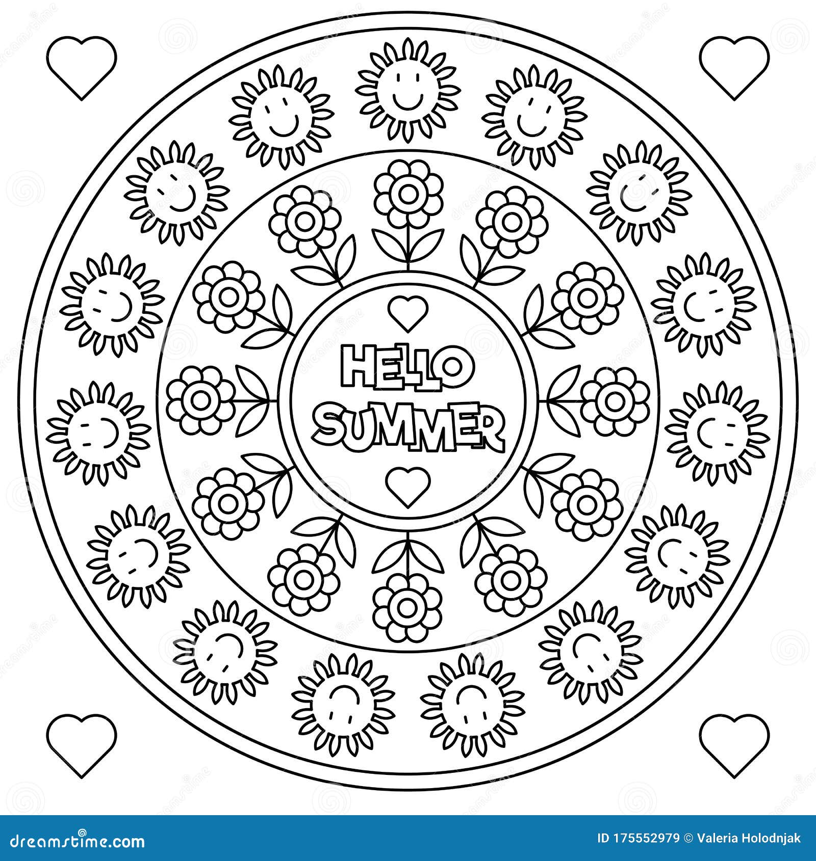 Hello summer coloring page black and white vector illustration stock vector