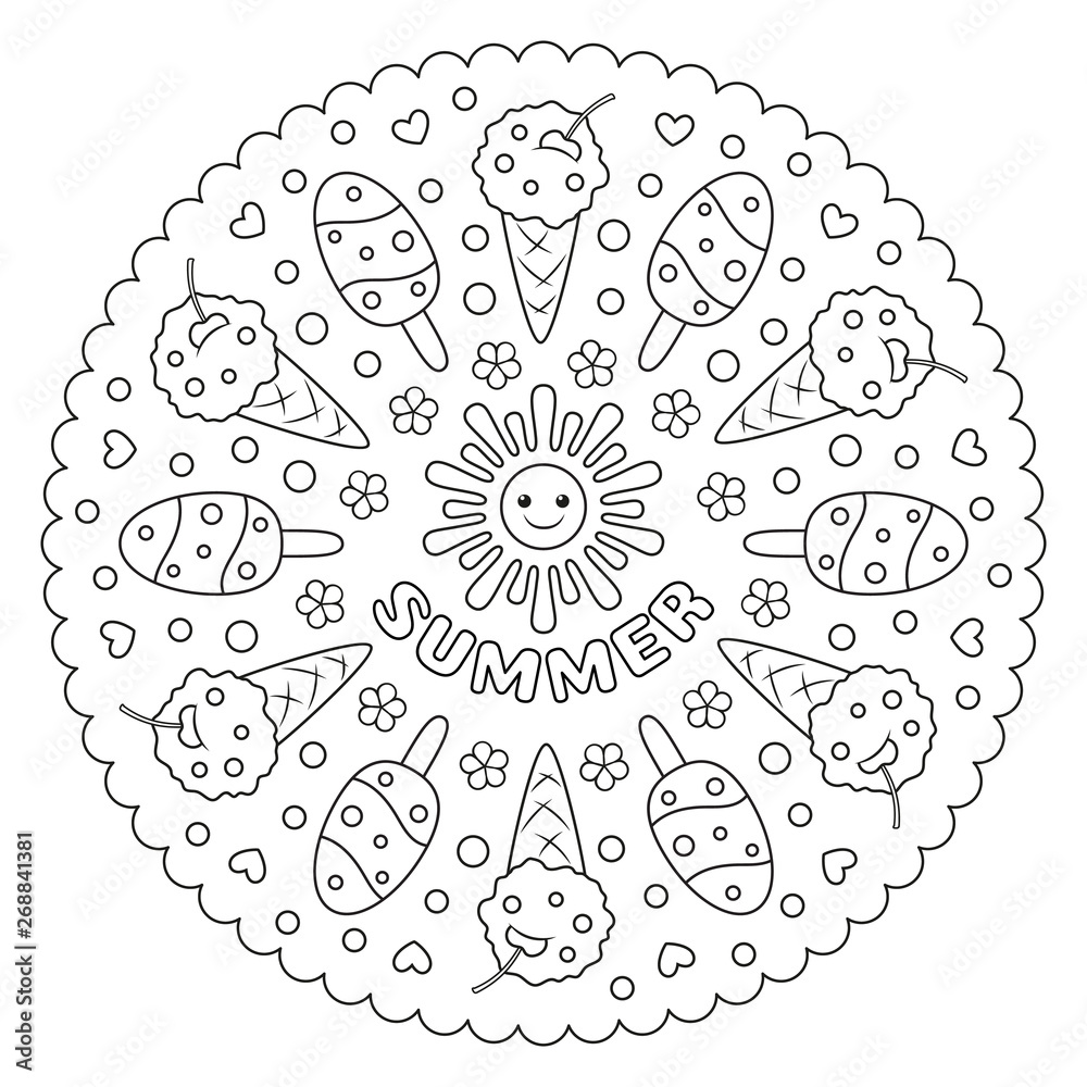 Coloring page mandala for kids with summer ice cream vector illustration vector