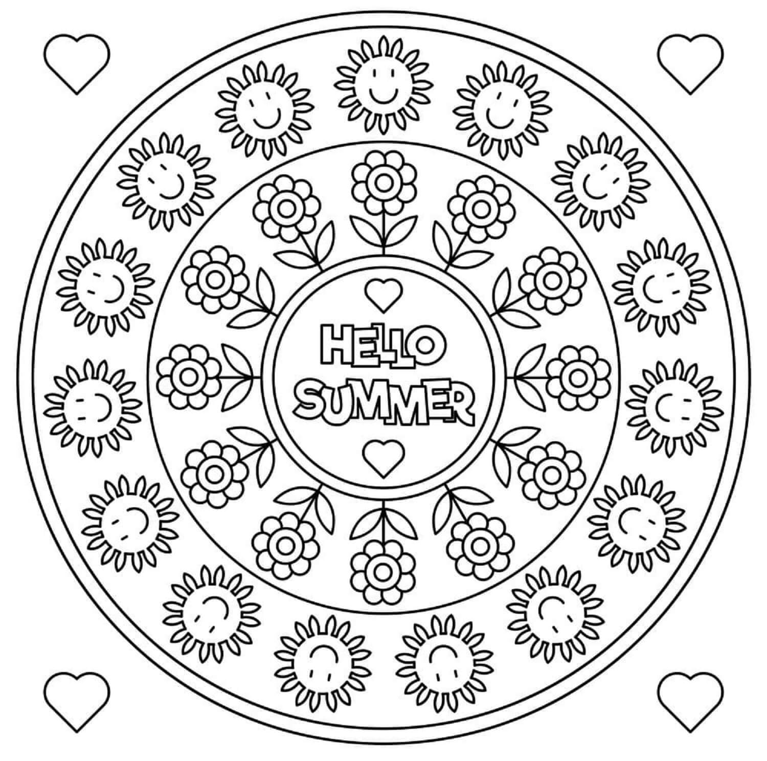 Hello summer mandala coloring page