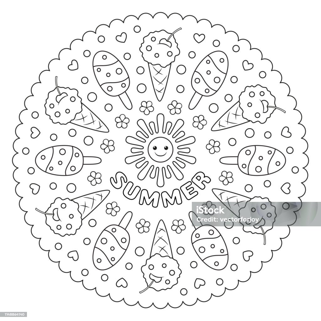 Coloring page mandala for kids with summer ice cream vector illustration stock illustration