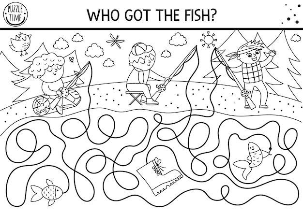 Premium vector black and white summer camp maze for children active holidays outline preschool printable activity family nature trip labyrinth coloring page with cute fishing kids with rods who got the