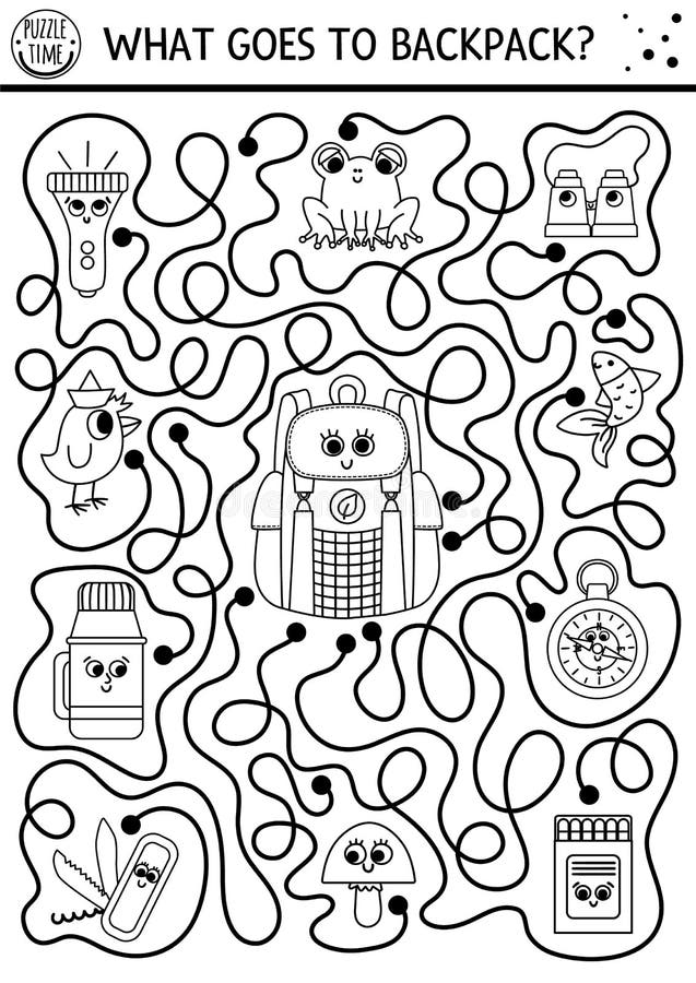 Black and white summer camp maze for children active holidays outline preschool printable activity stock vector
