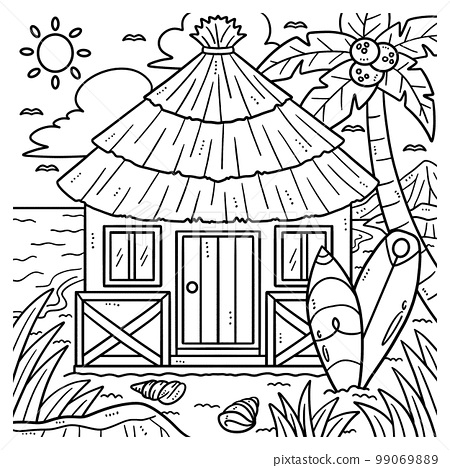 Summer tropical hut coloring page for kids