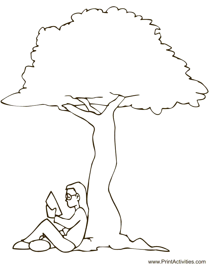 Printable summer coloring page reading under tree