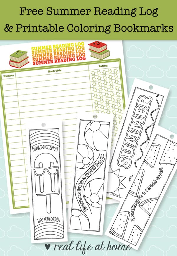 Free printable summer reading log and printable bookmarks to color