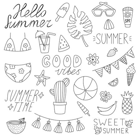 Hand drawn outline summer sketch doodle set elements summer coloring book royalty free svg cliparts vectors and stock illustration image
