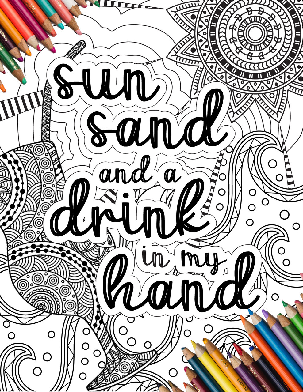 Sun sand drink in my hand coloring page
