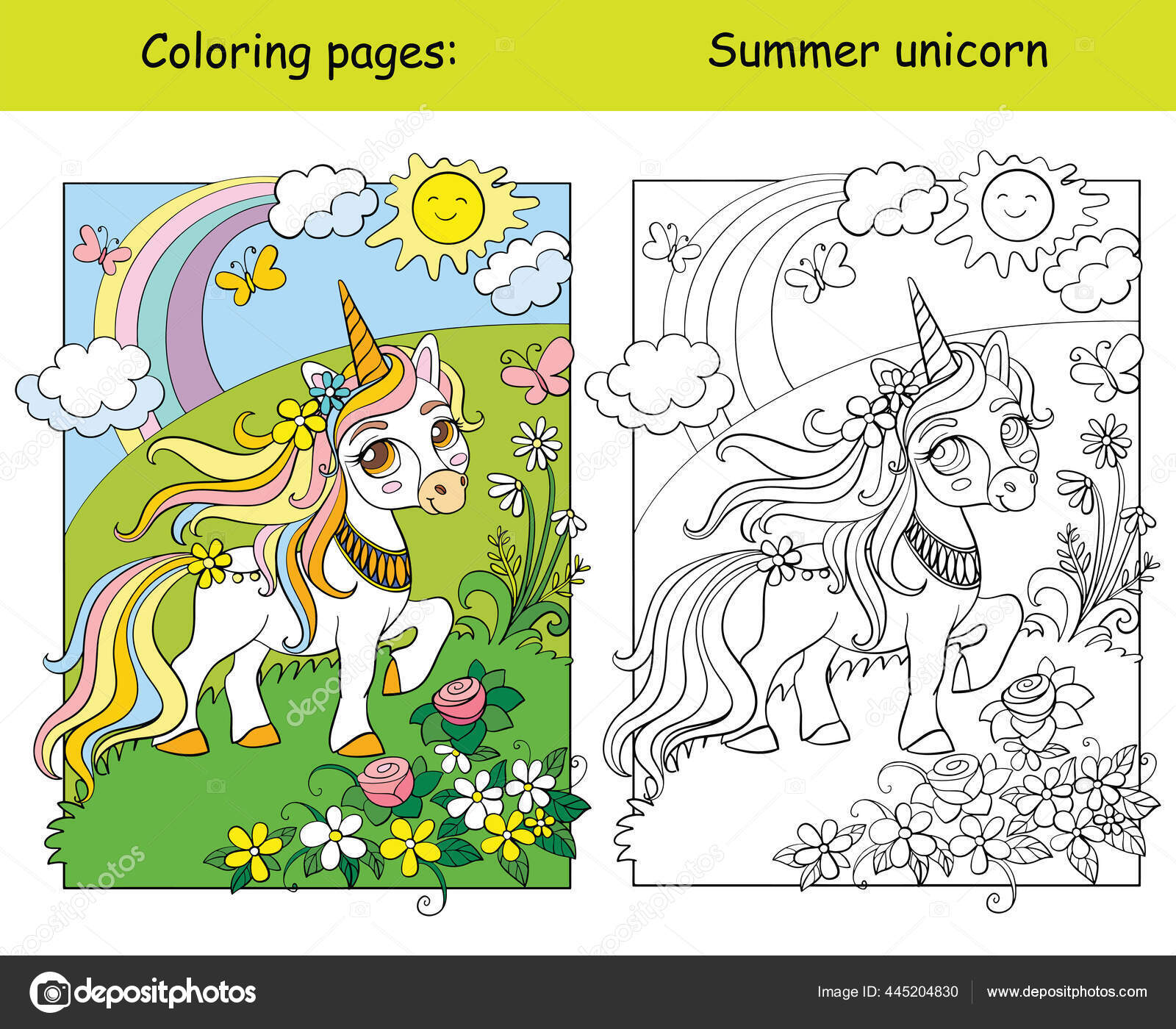 Cute unicorn walking summer blooming meadow coloring book page wih stock vector by alinart