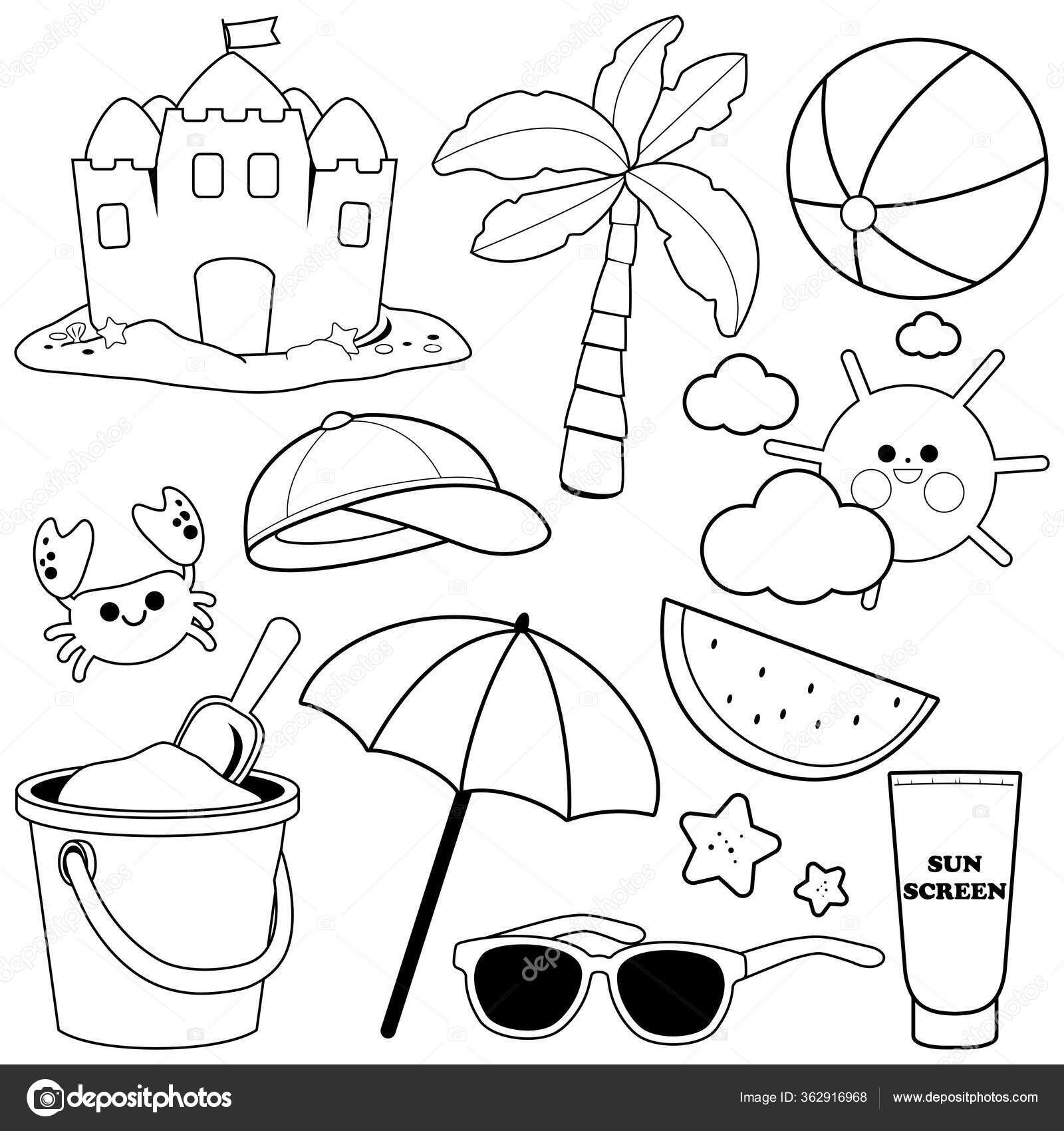 Summer theme beach vacation design elements vector black white coloring stock vector by stockakia