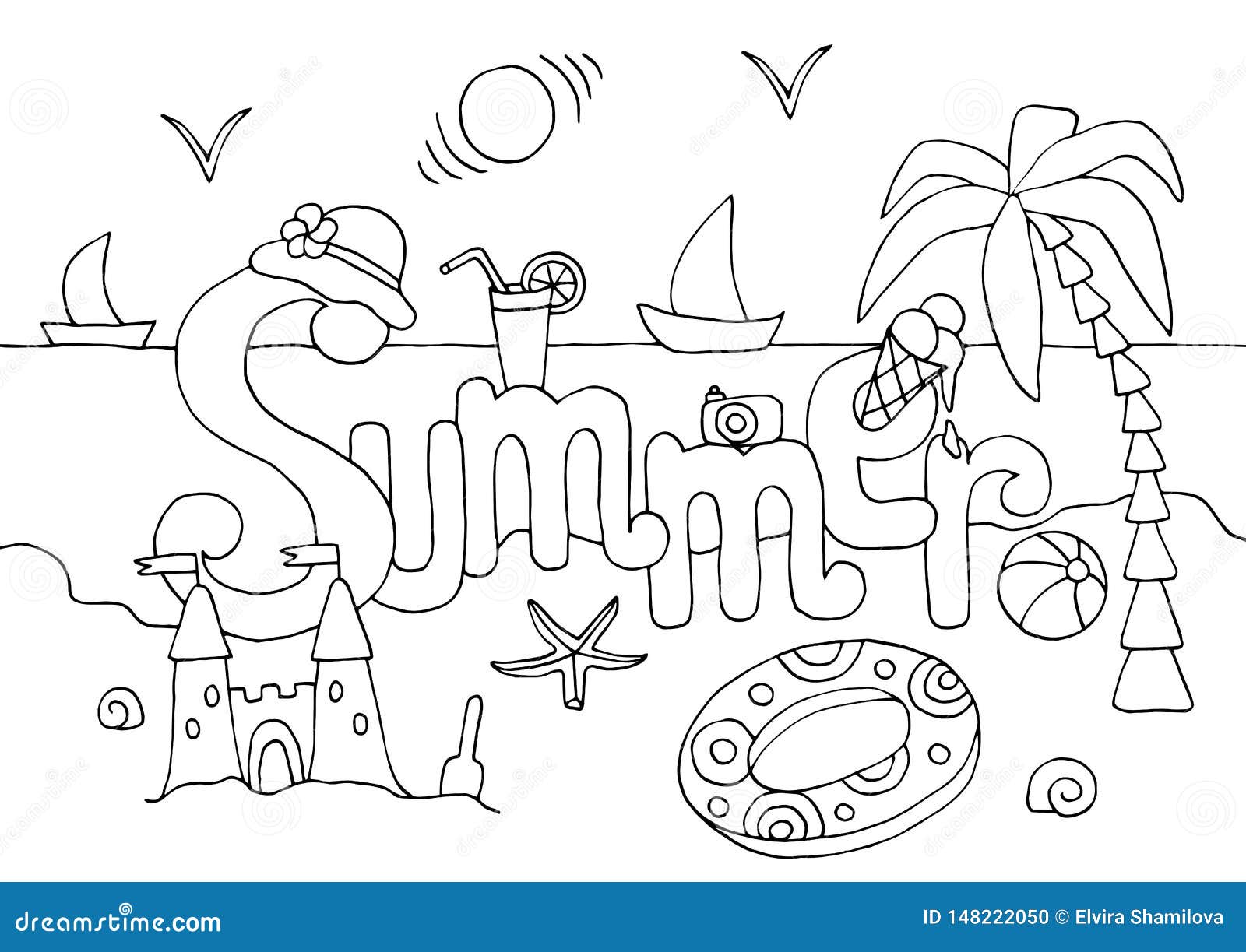 Hand drawn coloring page on summer theme stock vector