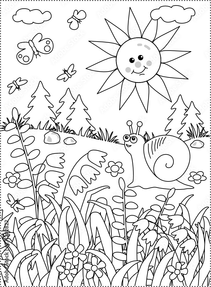 Spring or summer joy themed coloring page with sun snail butterflies and wildflowers vector