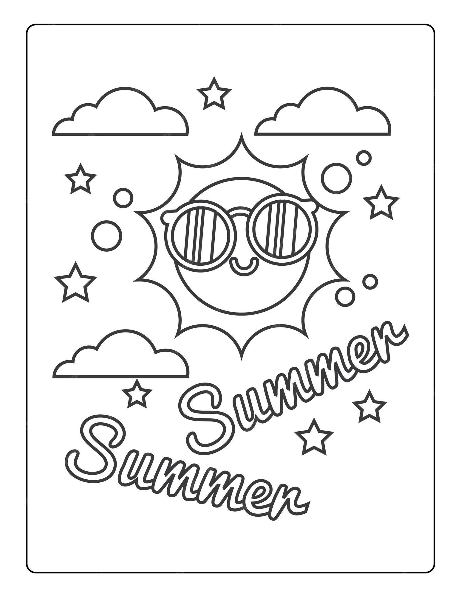 Premium vector summer coloring pages for kids with summer vibes sun and trees black and white coloring book