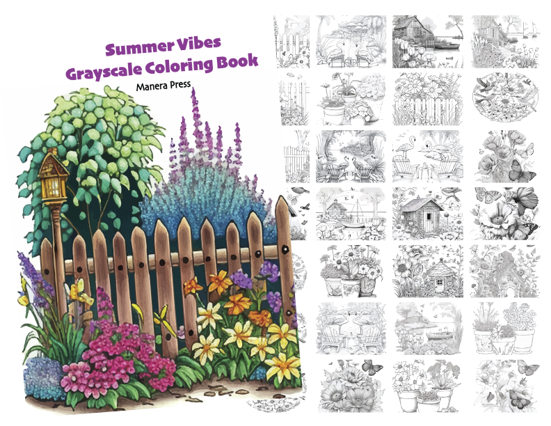 Summer vibes grayscale coloring book pages pdf or printed pages