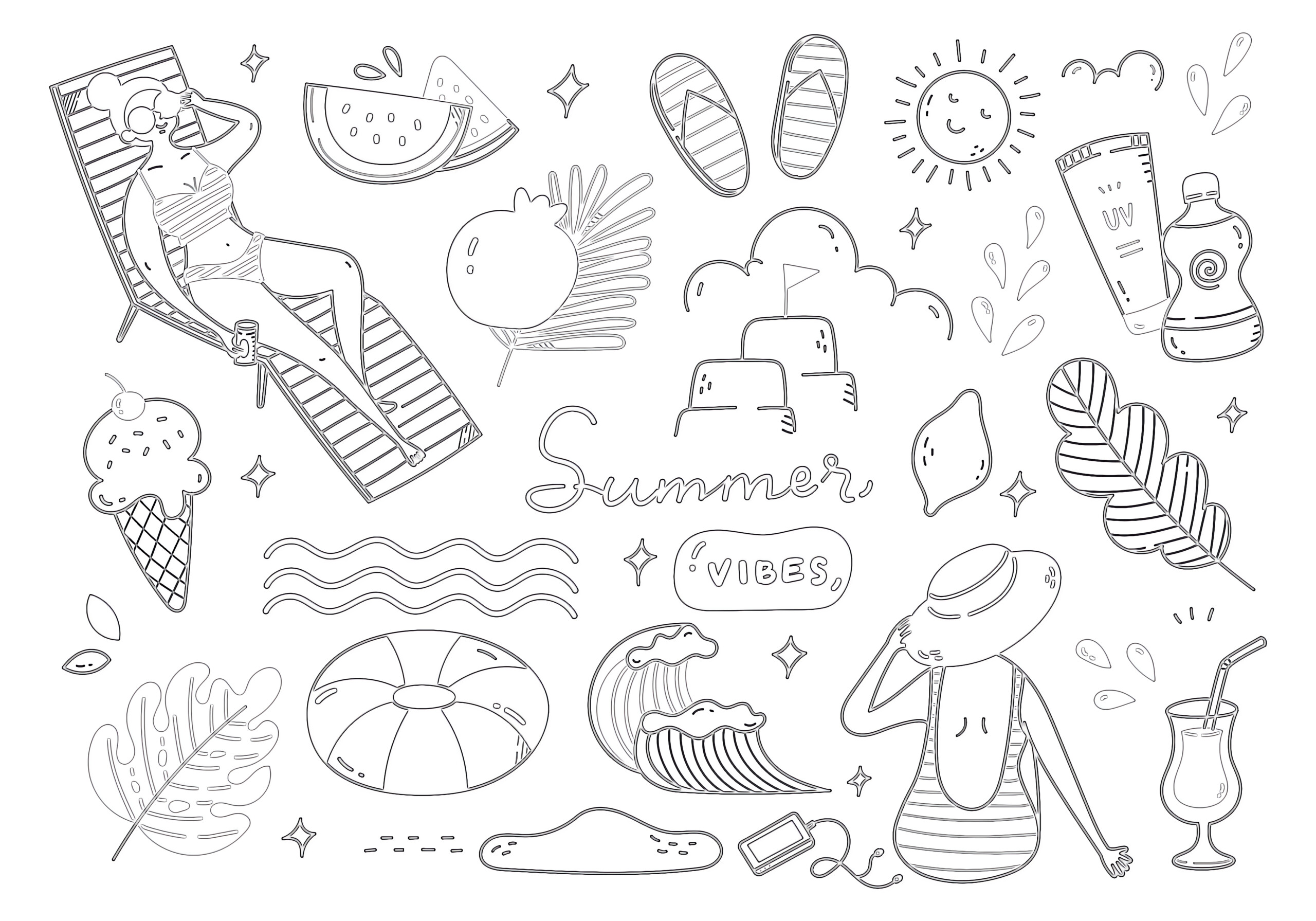 Hand drawn summer set coloring page