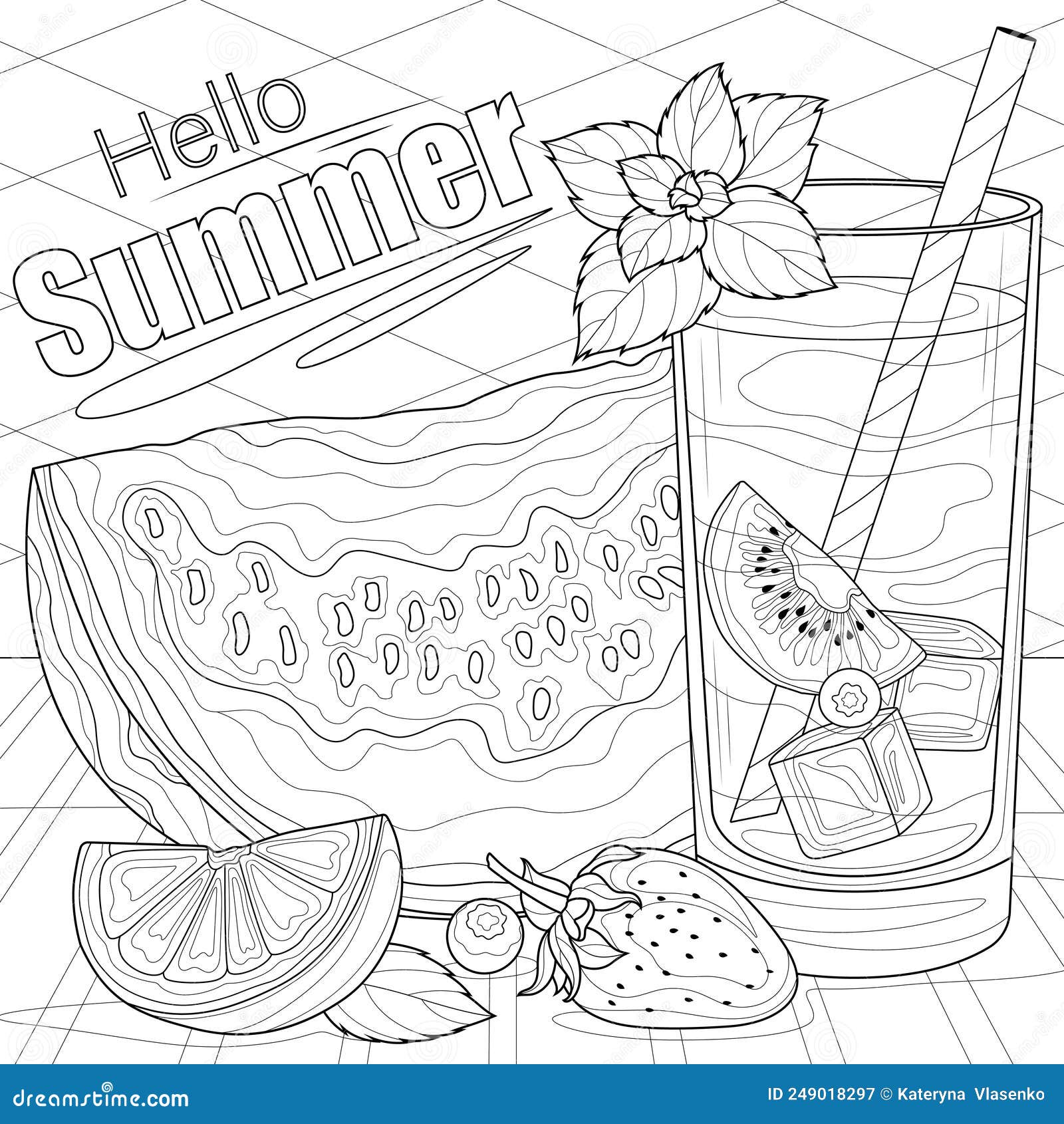 Glass of lemonade with watermelon fruits and mintcoloring book antistress for children and adults stock vector